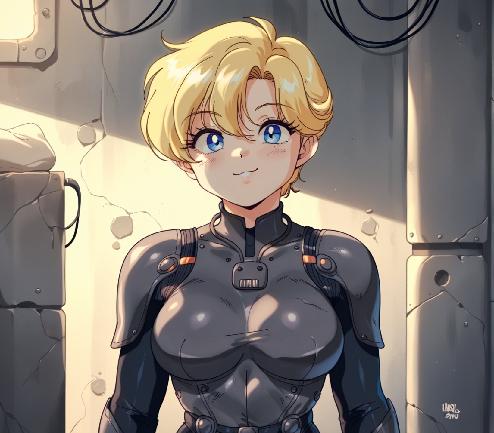 score_9, score_8_up, score_7_up, score_6_up, (source_anime:1.2), vum, chinese stealth suit, (1girl, solo:1.2), armor, bodysuit, science fiction, skin tight, standing (fully clothed, full armor:1.2), stealth, stealth suit, detailed background, inside, concrete, front view, sneaking, sneaking suit, looking at viewer, blue eyes, blonde hair, smile, portrait, bust portrait, close-up,  <lora:chinese-stealth-suit_pdxl_:0.8>