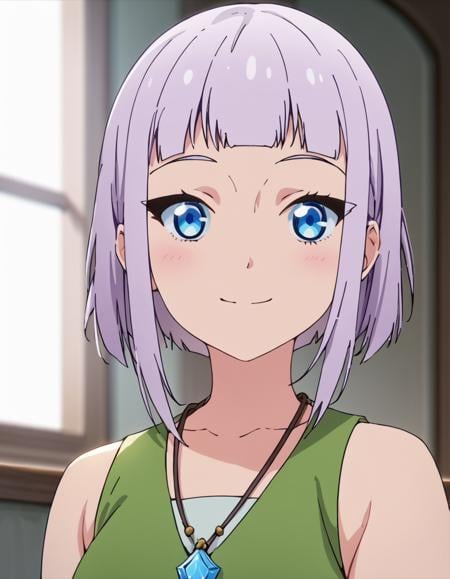 score_9, score_8_up, score_7_up, score_6_up, score_5_up, score_4_up, source_anime, , Linea, short hair, purple hair, blunt bangs, blue eyes,   soft smile, portrait