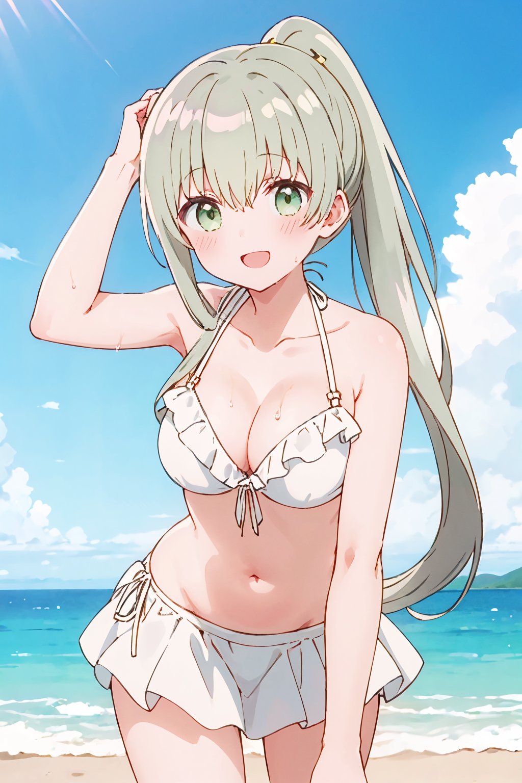 1girl, cecilia \(shiro seijo to kuro bokushi\), anime screencap, solo, ponytail, open mouth, white bikini, green hair, green eyes, looking at viewer, collarbone, blush, frilled bikini, frills, bare shoulders, smile, eyebrows visible through hair, hair between eyes, navel, sidelocks, bare arms, :d, hand up, cleavage, wet, leaning forward, side-tie bikini, hand in hair, cowboy shot, bikini skirt, high ponytail, very long hair, arm up, halterneck, medium breasts, grey hair, standing, day, ocean, beach, blue sky, cloud<lora:cecilia_shiro_seijo_locon_v1:0.9>