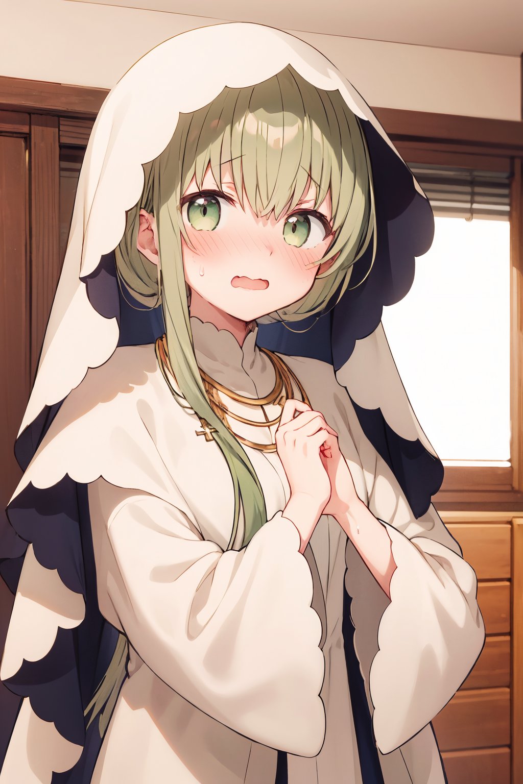 1girl, 1girl, cecilia \(shiro seijo to kuro bokushi\), official art, blush, solo, green hair, long hair, open mouth, wavy mouth, o o, veil, jewelry, necklace, indoors, hands up, full-face blush, sweatdrop, embarrassed, hair between eyes, eyebrows visible through hair, cross, long sleeves, wooden floor, parody, white dress, sweat, robe, sidelocks, nose blush, upper body, nun, looking at viewer, white capelet, habit <lora:cecilia_shiro_seijo_locon_v1:0.9>