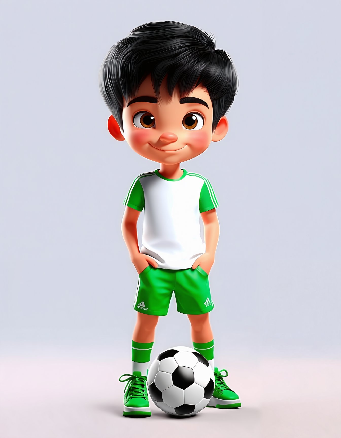 3D cartoon, cartoon style, 3D render, looking at viewer, short hair, simple background, black hair, 1boy, brown eyes, standing, full body, male focus, shorts, shoes, socks, child, ball, hands in pockets, green shorts, green footwear, soccer ball, soccer, telstar, SD3_cartoon_ep10.safetensors