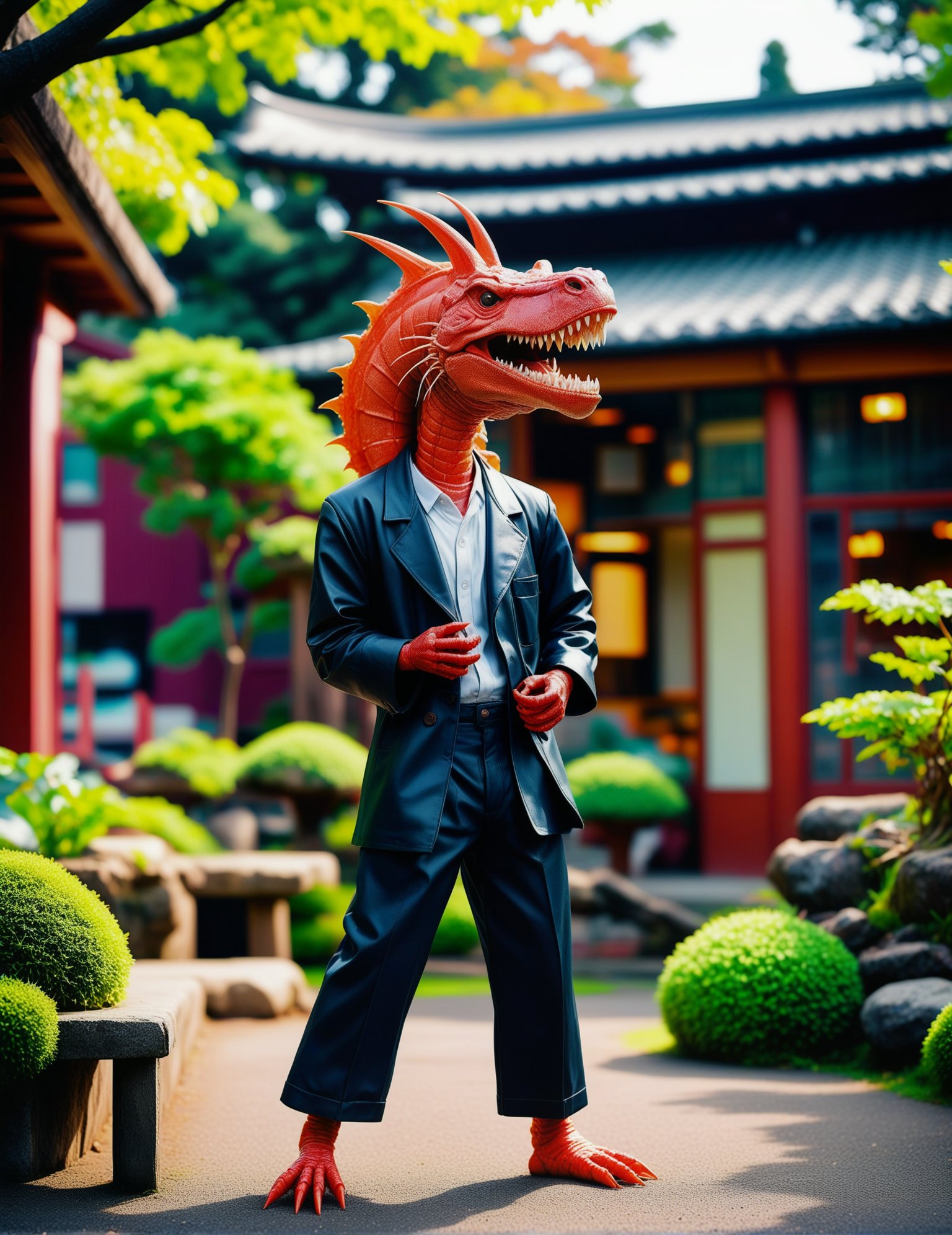 Wide angle photorealistic raw photography, (Solo figure in 1950s Greaser Style:1.3), Off-center composition, Standing pose, (Long-sleeved attire:1.2), Traditional Japanese Ryokan Gardens setting, Artistic whisker details, Casual yet captivating.<lora:Human Cat XL-09:1>(hmnzct Dinosaur Shrimp:1.3),