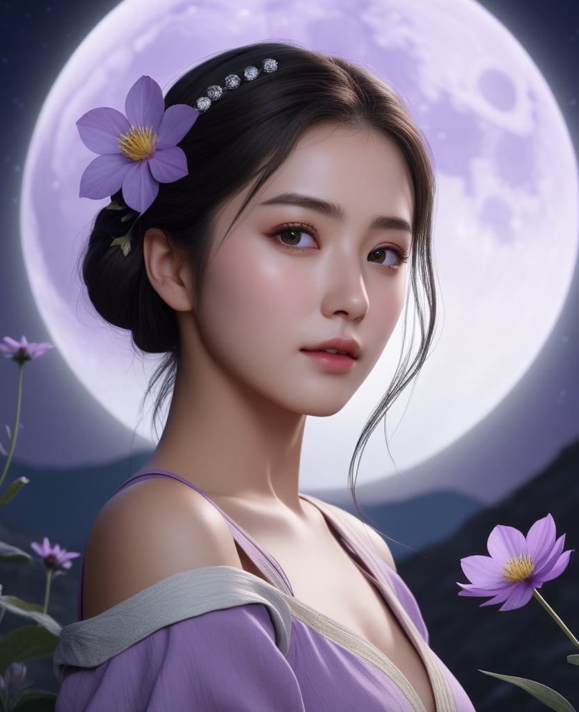 (,1girl, ,best quality, )masterpiece, fantasy, realistic,science fiction,mole, ultra realistic 8k cg, ,tamari \(flawless\),  ,moonlight,full moon, purple flower,       (()), (()),