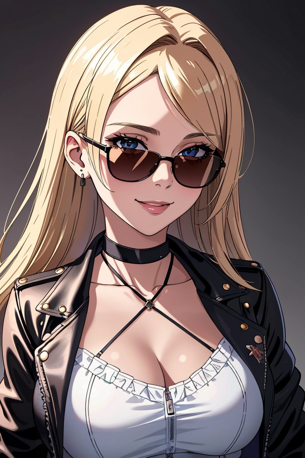 ((Masterpiece, best quality,edgQuality)),smile,(portrait,face focus)Blonde Nadia with sunglasses and a choker,leather jacket,white shirt<lora:Ultimate_Nadia:0.5>edgCCH, breasts,collarbone, halterneck ,criss-cross halter <lora:edgCrissCrossHalter:1>