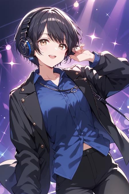 score_9, score_8_up, score_7_up, score_6_up, 1girl, <lora:Miyake_Aoi:0.9> aoi, black hair, short hair, black jacket, blue shirt, headphones, color lights, club stage, black pants,