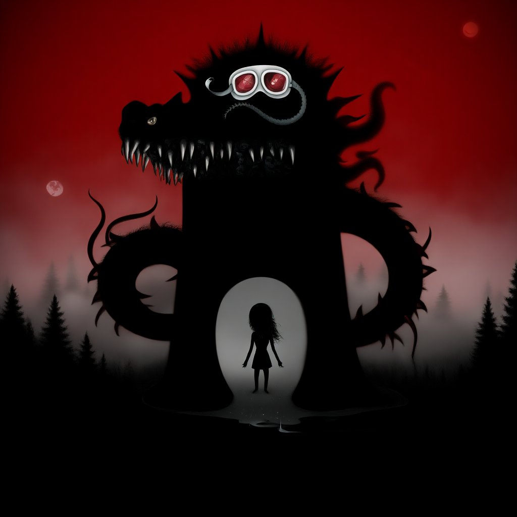 Horror landscape, fog, saliva, goggles, simple background, tentacles, fog, moon, forest, goggles, red sky, dragon, ambiguous gender, extra eyes, girl focus, fantasy, sharp teeth, silhouette, spikes, mask, planet, saliva, dark, shadow,lowbrow art style, surreal,<lora:LowBrowF1D:1>