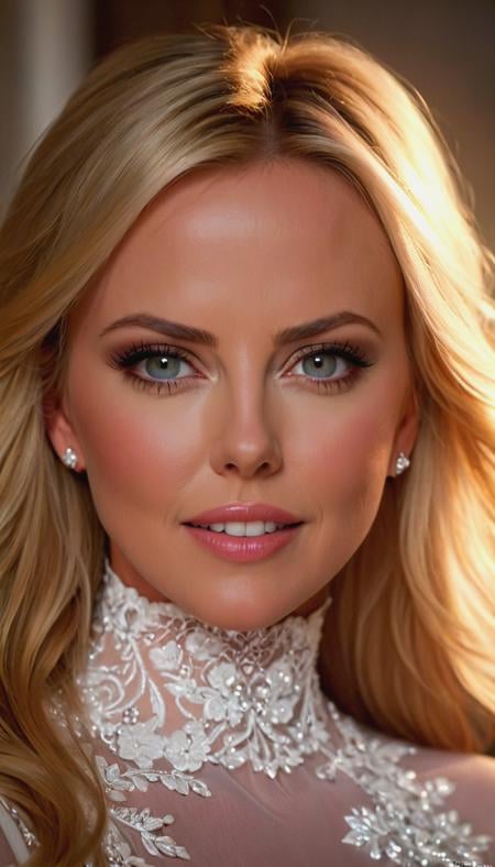 photo of a Charlize Theron, (long blonde hair:1.9), in white dress, smiling dreaming, masterpiece, house interior background, portraite, photo of face, detailed bright warm lighting, hyper realistic, soft shadows, sharp focus, best quality, (fractal:0.8), hyper detailed, 16k
