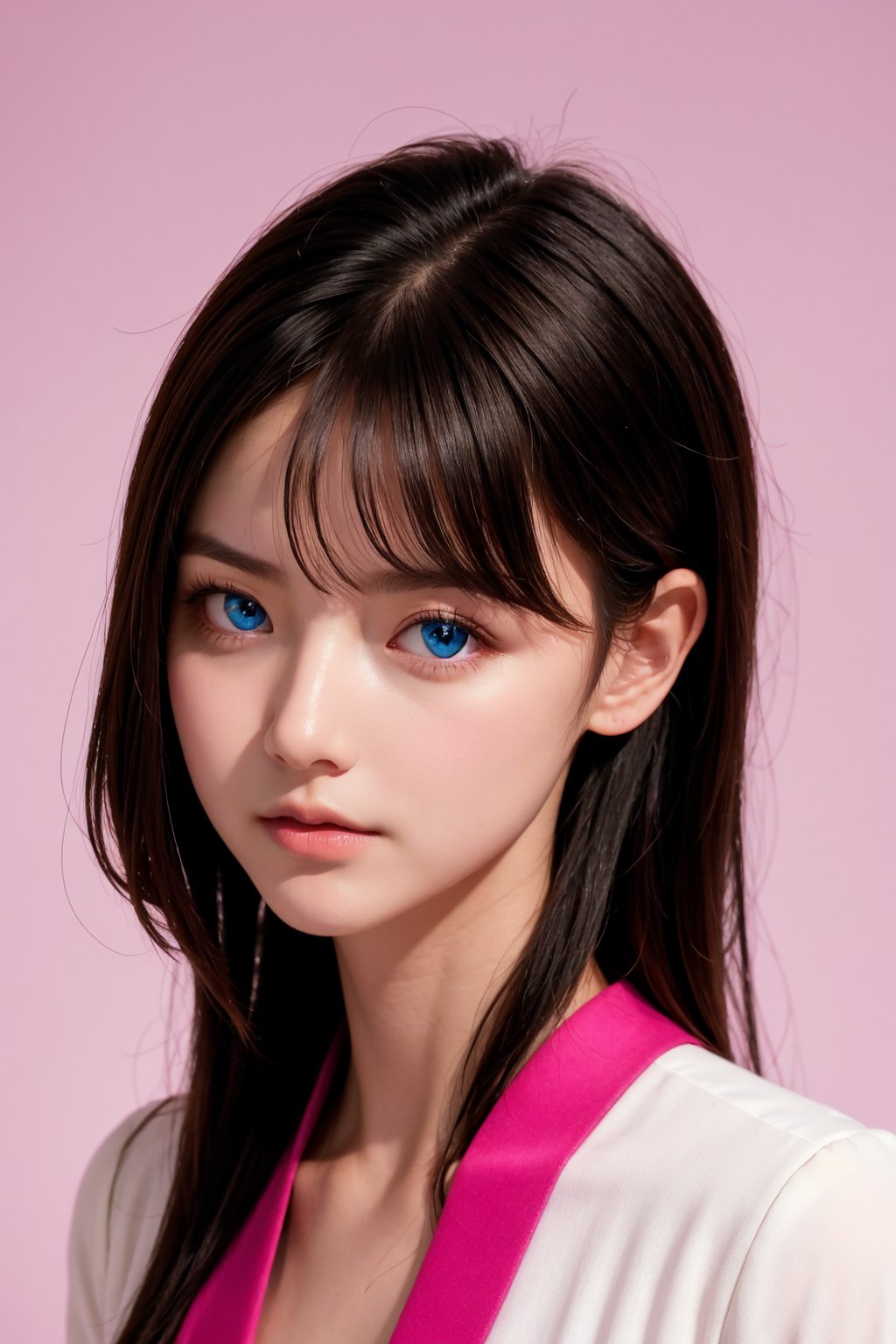 <lora:AgainEyes:1>,1girl,black hair,portrait,white dress,blue eyes,shining eyes,(pink simple background:1.25),