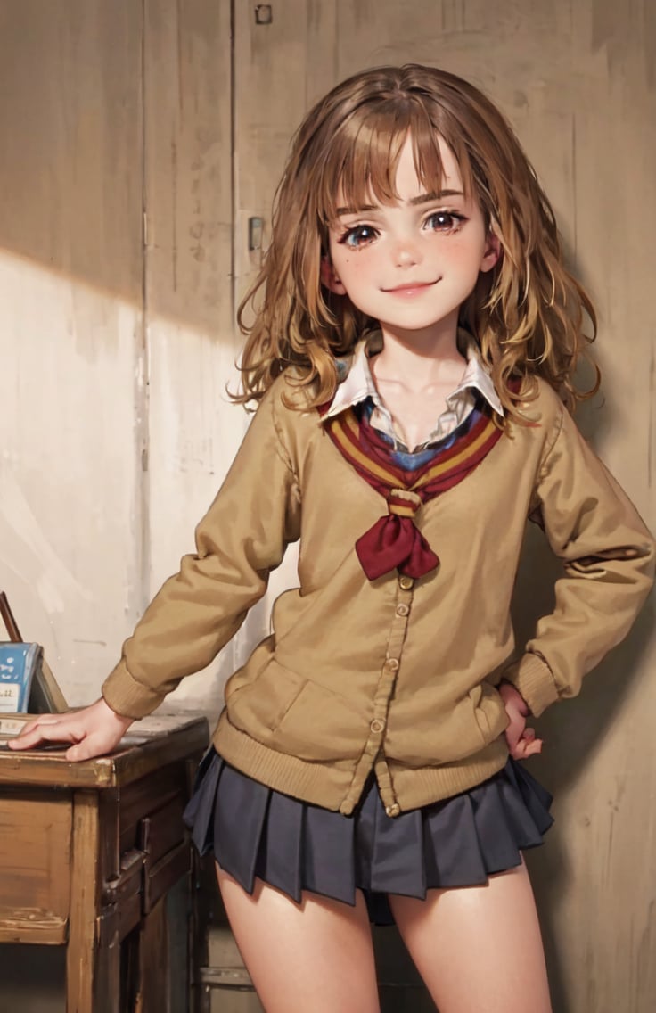 (best quality, ultra-detailed, best illustration, best shadow, masterpiece, high res, professional artwork, famous artwork), <lora:fongletsHermioneGranger_v11:0.8>, (Hermione Granger:1.2), solo, 1girl, indoors, (loli, child:1.2), wide hips, smile, cleavage,  <lora:emmaWatsonLora_v1:0.3>, emma watson, (school uniform:1.2), gyaru, 