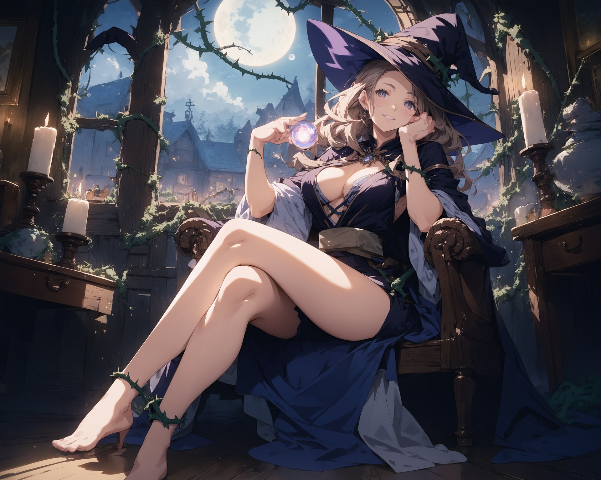 score_9,score_8_up,score_7_up,source_anime,masterpiece,best_quality,highres,absurdres,BREAKwitch,cleavage,seductive_smile,crossed_legs,glowing_orb,winding_thorns,indoors,treehouse,moon_night,