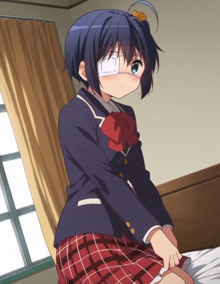 score_9, score_8_up, score_7_up, source_anime,rikkatakanashi, <lora:rikka-takanashi-s2-ponyxl-lora-nochekaiser:1>,rikka takanashi, short hair, blue eyes, black hair, ahoge, one side up, eyepatch, medical eyepatch,skirt, school uniform, jacket, plaid, kneehighs, plaid skirt, blazer, icho private high school uniform,indoors, bed, bed room, on side, blush, drunk,looking at viewer, cowboy shot, dutch angle, solo,