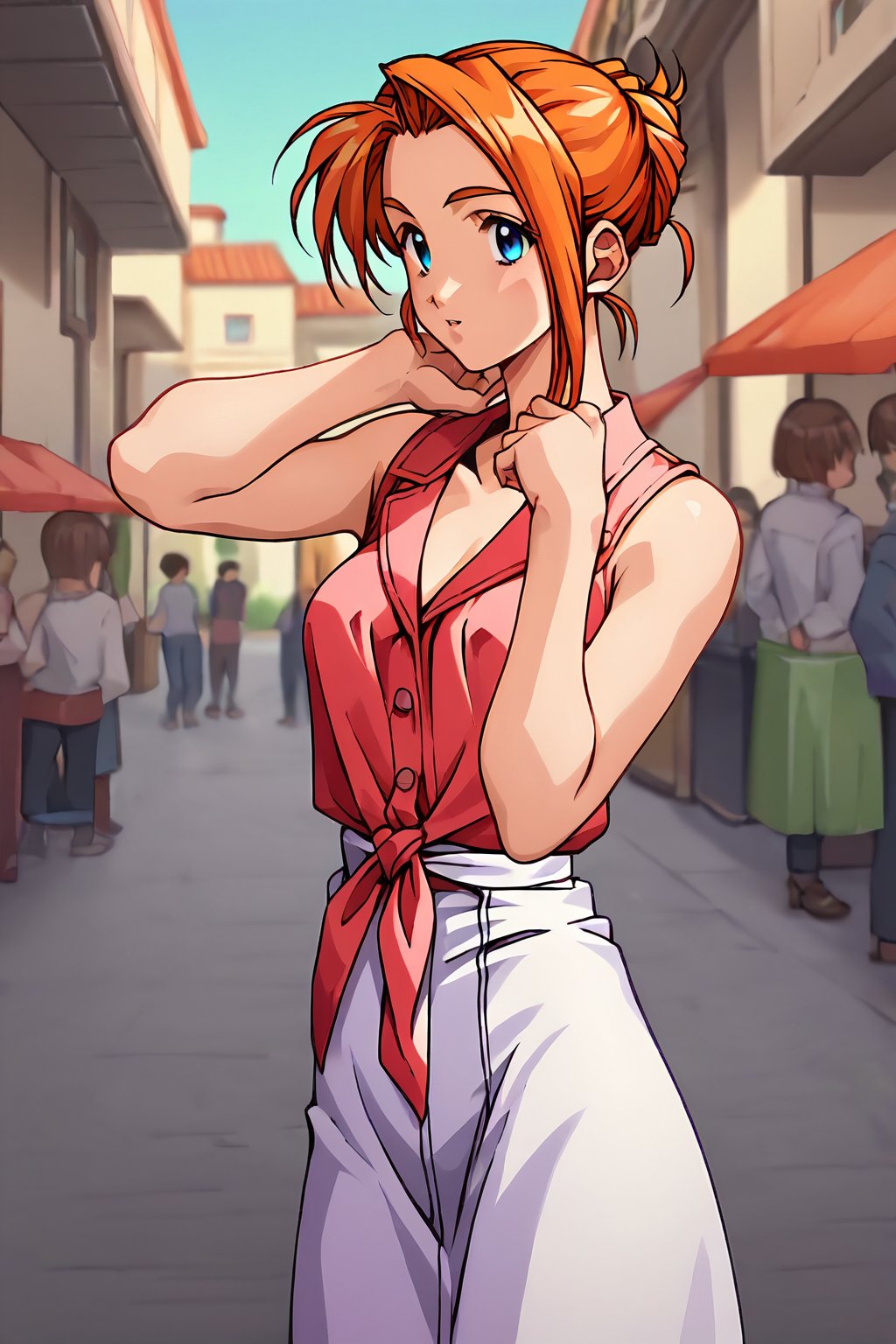 score_9, score_8_up, score_7_up, score_6_up, score_5_up, score_4_up, source_anime,kanou makoto, makoto_red, orange hair,1girl, solo, blue eyes, skirt, orange hair, sleeveless, cowboy shot, looking at viewer, tied shirt, white skirt, hair bun, sleeveless shirt, miniskirt, shirt, standing, updo, red shirt,masterpiece, perfect face, best quality, beautiful girl, blurry background, cute girl, beautiful eyes, shiny eyes, anime coloring, anime screencap, absurdres, <lora:akiyama midori anyt 905:0.8>