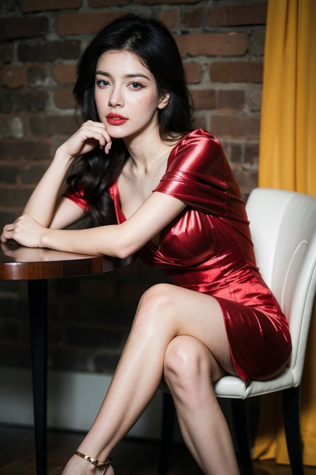 1girl,solo,dress,black hair,red dress,sitting,high heels,long hair,crossed legs,table,looking at viewer,chair,side slit,lipstick,best quality,masterpiece,illustration,Amazing,finely detail,masterpiece,official art,incredibly absurdres,huge filesize,ultra-detailed,highres,extremely detailed,realistic,blurry background,,<lora:Elena Satine_20240511092530:0.8>