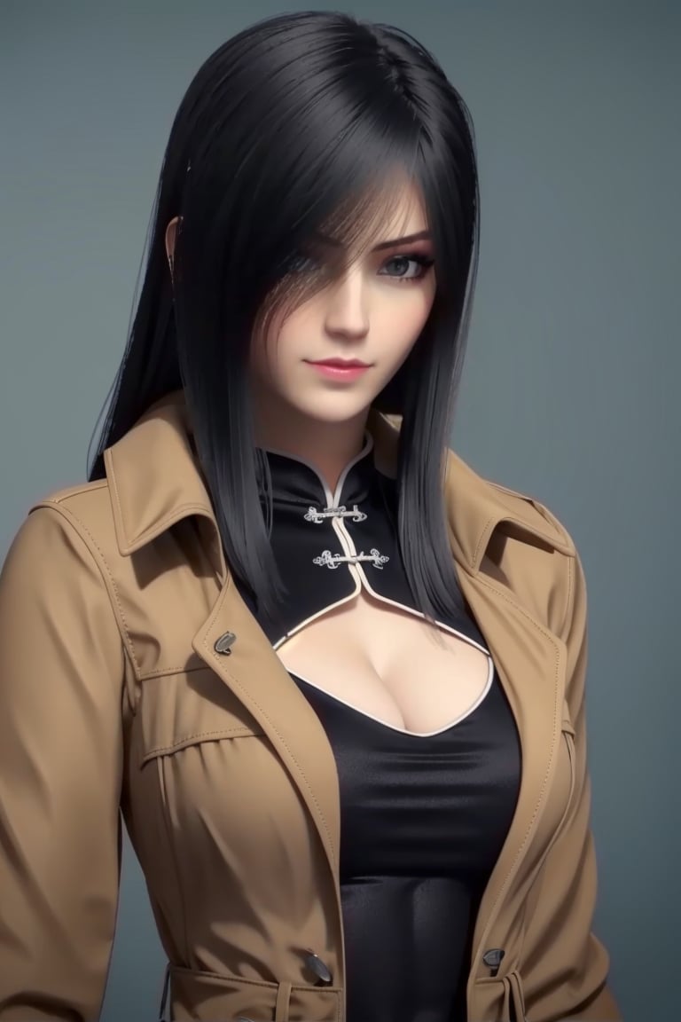 ((HRD, HUD, 8K)),((masterpiece, best quality)), highly detailed,1girl, solo, black hair, long hair, lips,breasts, large breasts, cleavage,coat, dress, chinese clothes, cleavage cutout, clothing cutout,simple background, grey background, upper body, standing, looking at viewer,<lora:超神学院 黑甲 凉冰_2.0:0.73>