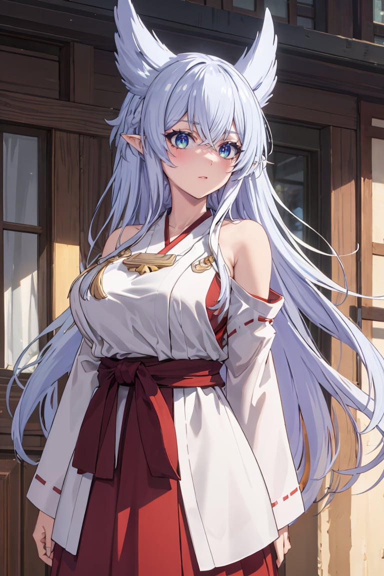 masterpiece, best quality, ultra-detailed, glistening shiny, glowing light, ray tracing, HDR, deph of field, (perfect face, detailed face),  <lora:Fenrys:0.7>, fenrys, long hair, blue eyes, hair flaps, pointy ears, large breasts, miko, long sleeves, red skirt