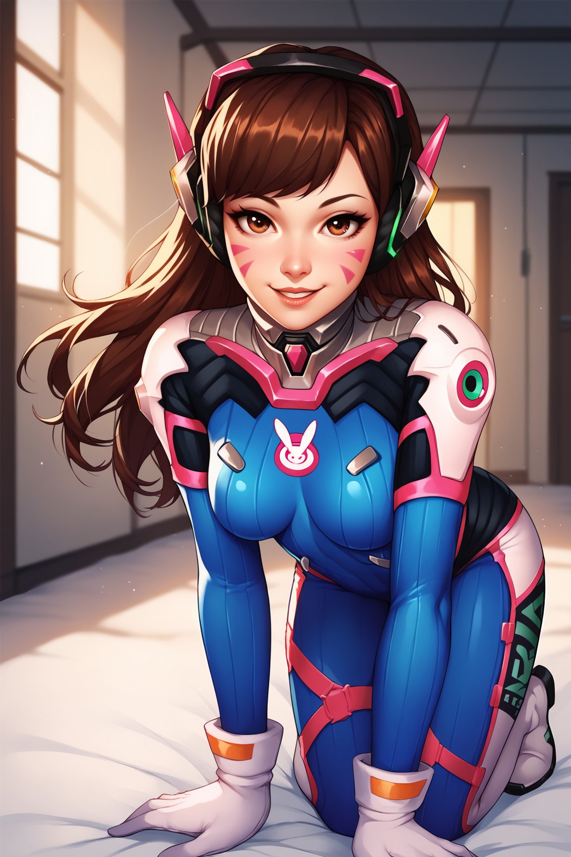 score_9, score_8_up, score_7_up, score_6_up, score_5_up, score_4_up, DVaOWXL, brown eyes, brown hair, long hair, swept bangs, headphones, facial mark, whisker markins, medium breasts, high collar, blue bodysuit, pilot suit, animal print, white gloves, solo, white boots, all fours, seductive smile, looking at viewer, indoors <lora:DVaOWXL:0.7>