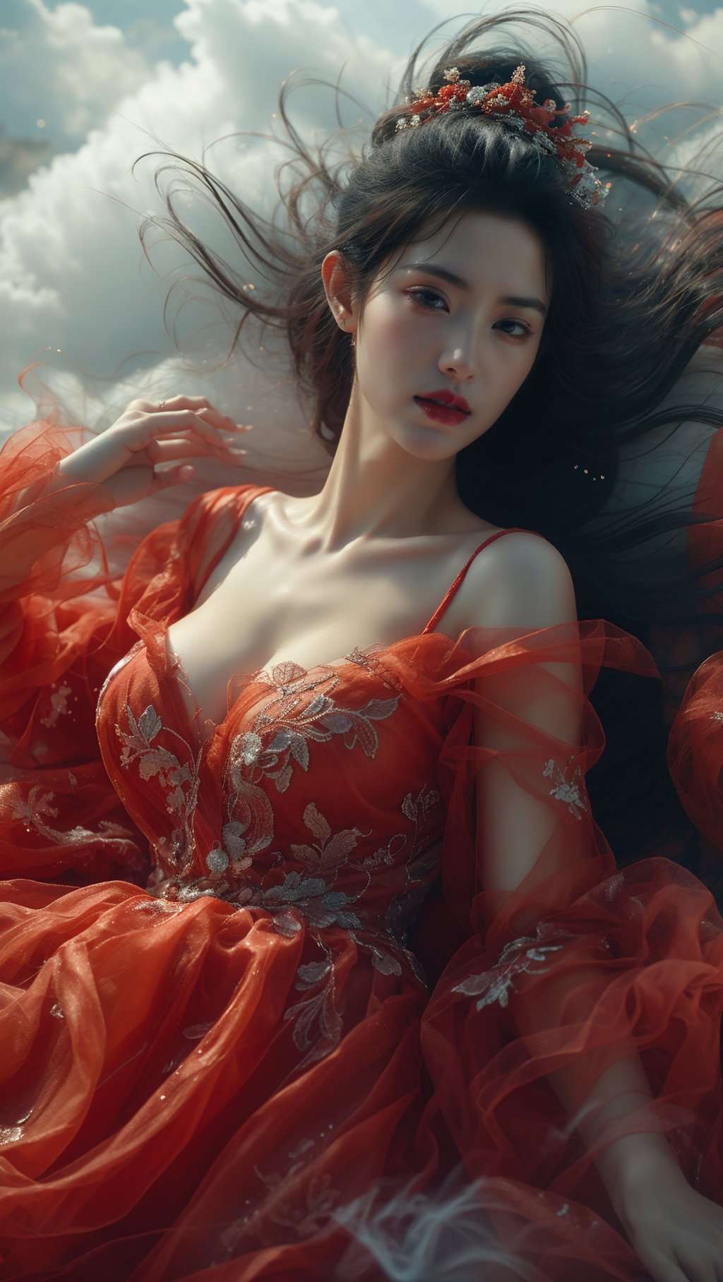 sdmai, wonv, 1girl, black hair, solo, dress, hair ornament, long hair, red dress, breasts, cloud, on back, lying, realistic, hair stick, red lips <lora:SDMAI卧女wonv:0.6> 