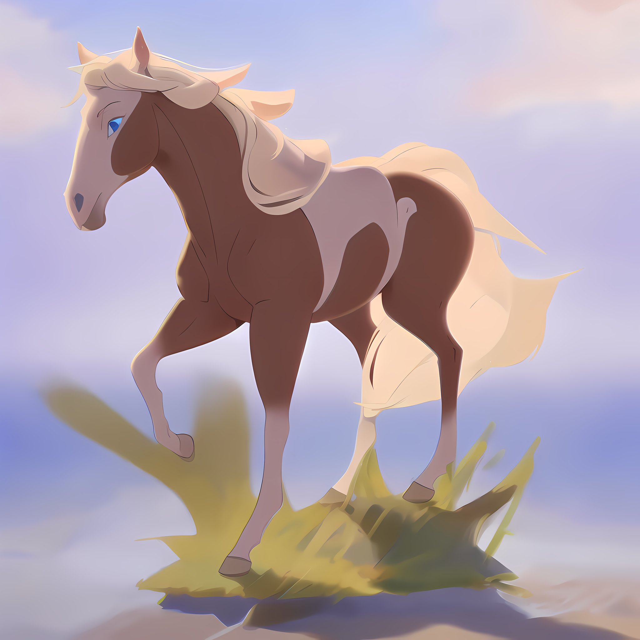 1horse, sorrel tovero paint horse with a roman nose, a pale blonde mane and tail, and crystal blue eyes, sun shining, Soft Lighting, 8k, photorealistic, UHD, HDR, sideview, view from the side, (best quality, masterpiece), ((four legs:1.4)), <lora:rain_from_spirit2002:1>