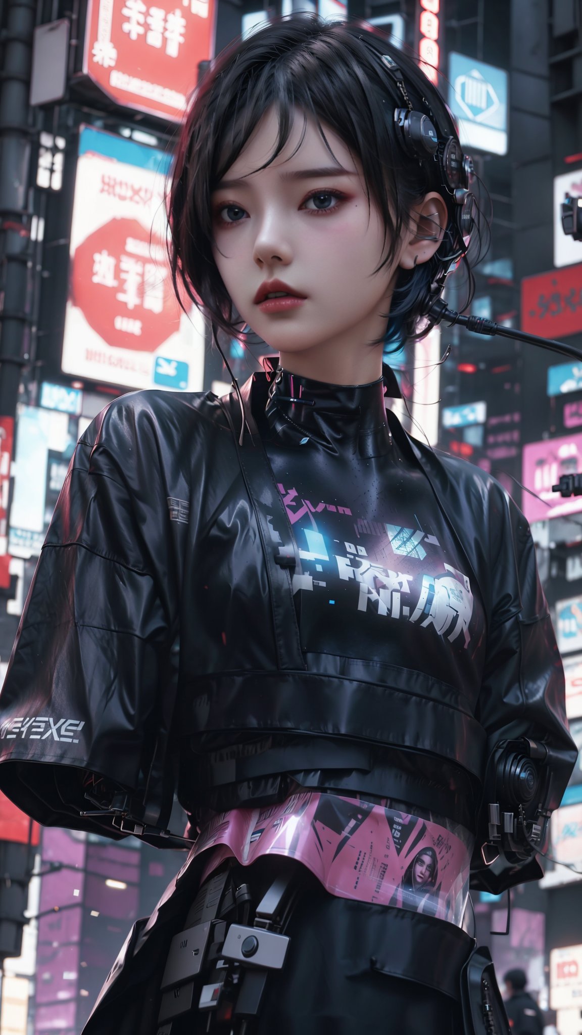 parameters: "A girl with short black hair and an oversized T-shirt, (Cyberpunk)