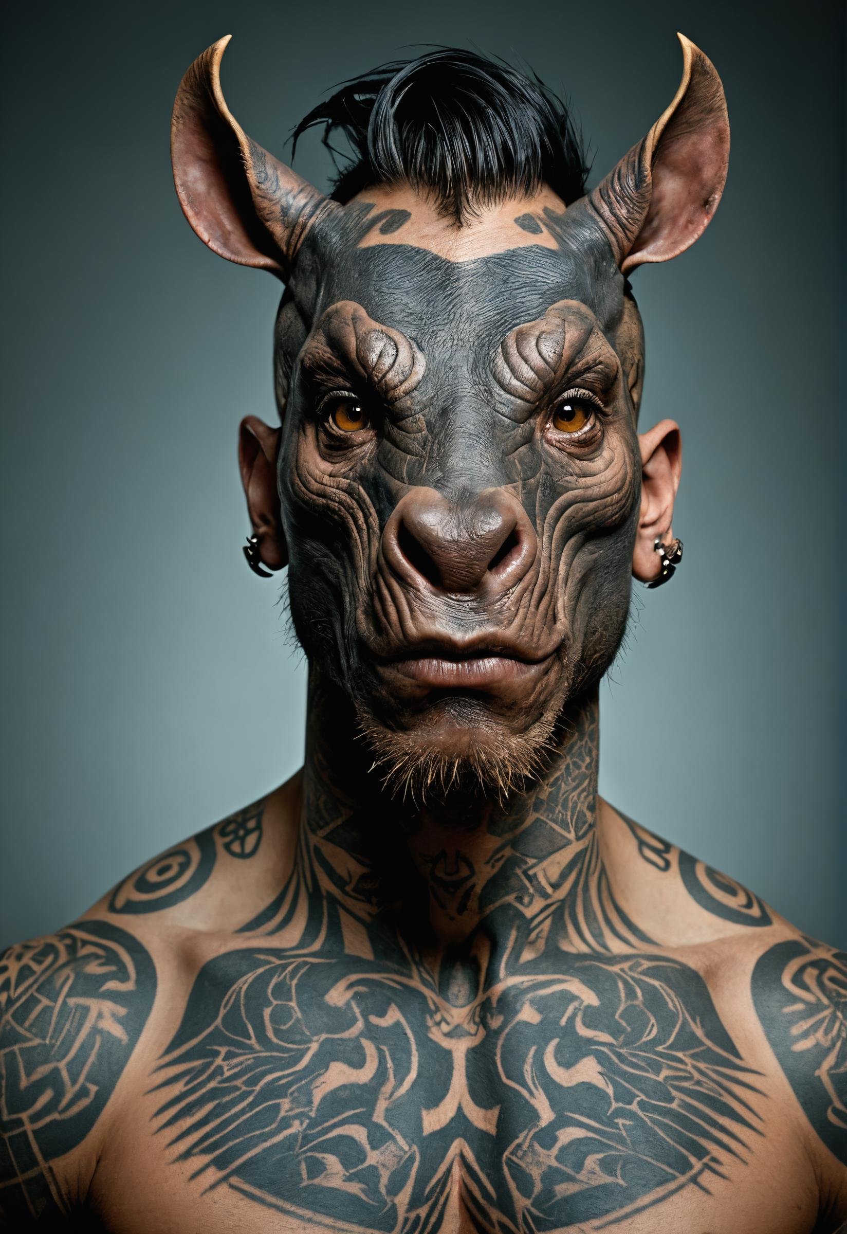 photo,mutation,semihuman with semirhinoceros face,studio lighting,tattoos  <lora:Photoreal:1.1>