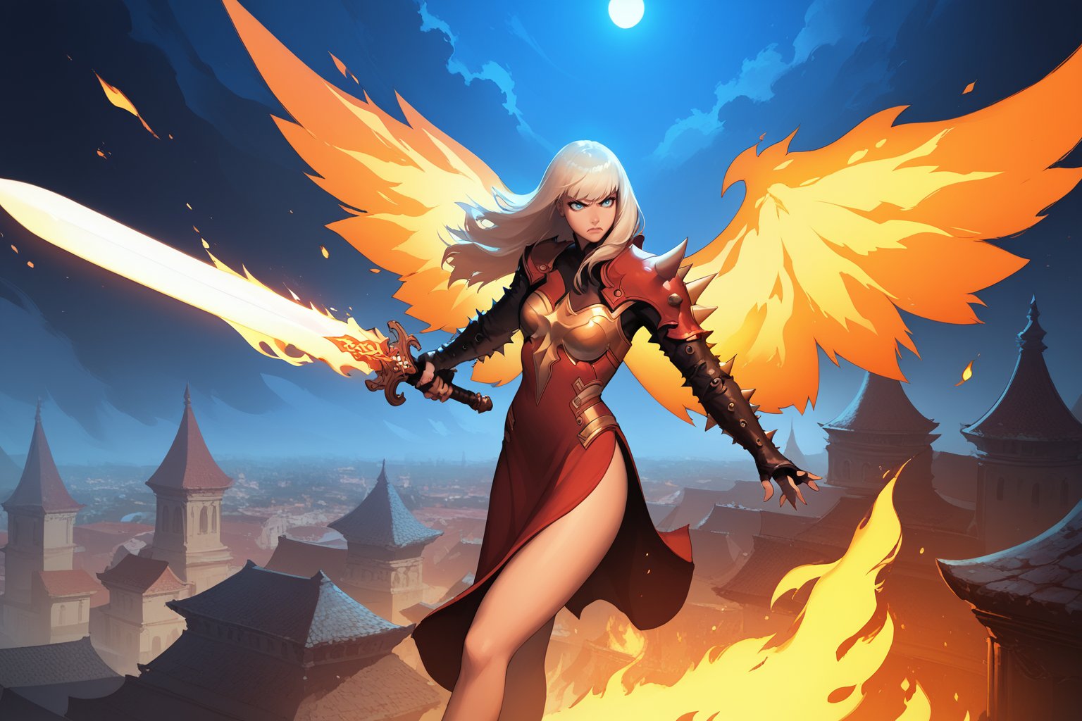 score_9, score_8_up, score_7_up, masterpiece, high quality <lora:Magic Phoenix FivePonyLoRA:0.8>mgik, long hair, bangs, dress, asymetrical sleeves, spikes, fingerless gloves, shoulder armor, fire wings, flying, at night, in a city, angry, sword, holding sword, energy sword, fire, magic <lora:Blade&SoulPonyLyco:1> bns