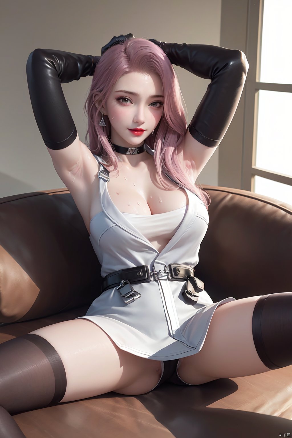 1girl, solo, masterpiece, (best quality), official art, extremely detailed cg 8k wallpaper, (extremely delicate and beautiful), solo, realistic, photo_\(medium\), hiqcgbody,youyou,At night, in the bedroom ,sofa,(Sitting and lying down:1.4),(spreading your legs:1.4),(medium breasts),(cleavage:1.1),(blush),smile,CFyunyouyou, 1girl,solo, gloves, pink hair, choker,blueBREAKdress,elbow gloves, black thighhighs, medium hair,belt,holster,cowboy shot,(arms behind head:1.3),(A lot of sweat:1.4), (Crystal Red Lips),<lora:EMS-34830-EMS:0.650000>