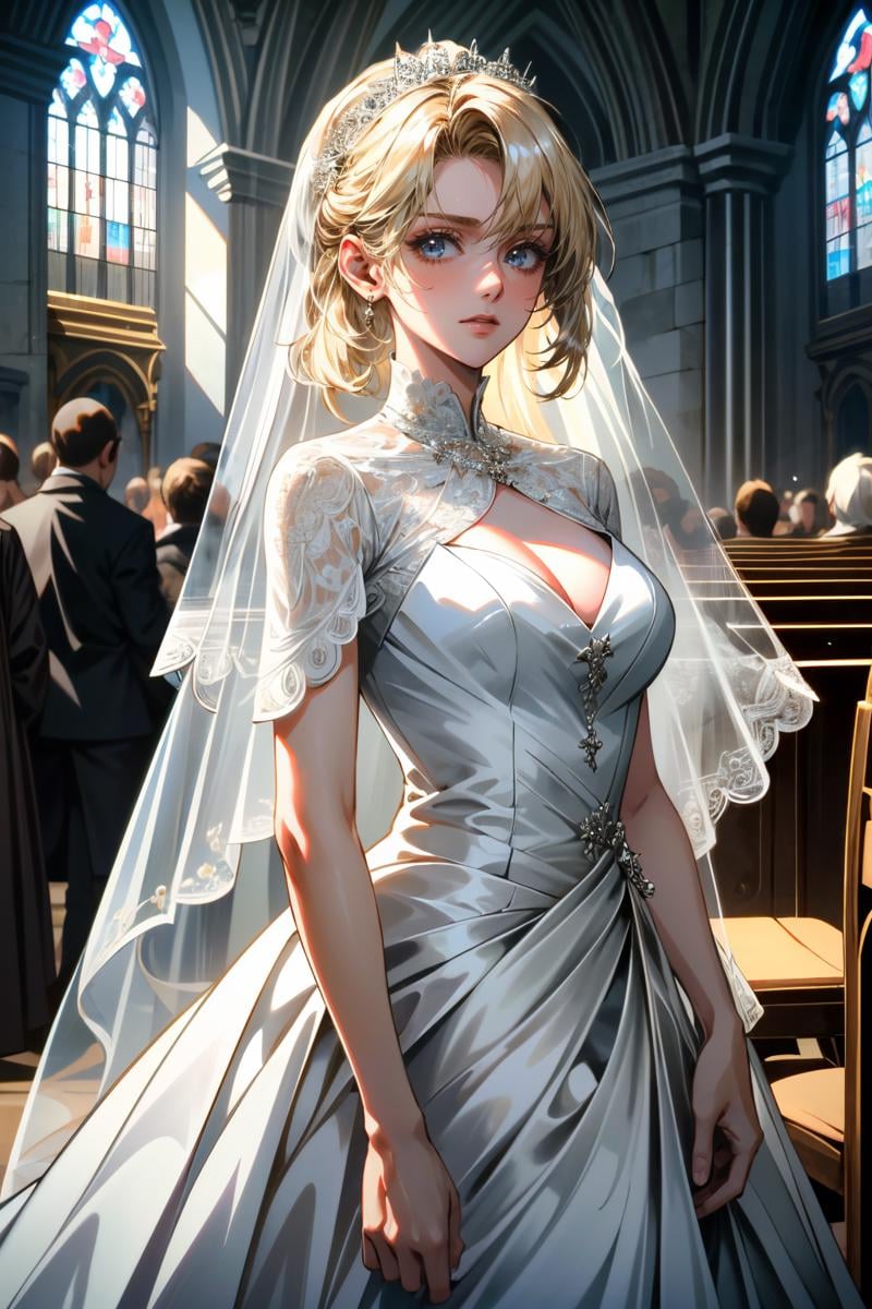 ((ultra detailed, masterpiece, absurdres)) <lora:FFLuna:0.8>FFLuna, 1girl, blonde hair, looking at viewer, wearing a wedding dress, bridal veil, inside a church