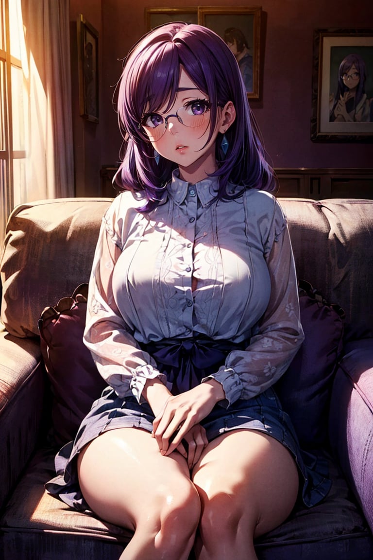 <lora:HC_Inoue Aoi:0.7>,HC_Inoue Aoi,mature female,long hair,solo,bangs,purple eyes,glasses,purple hair,Sitting on partner’s lap facing away, both seated on a couch., 8k,best quality,masterpiece,rule of thirds,superb,high resolution,sharp focus,extremely detailed description,professional,gorgeous and intricate details,