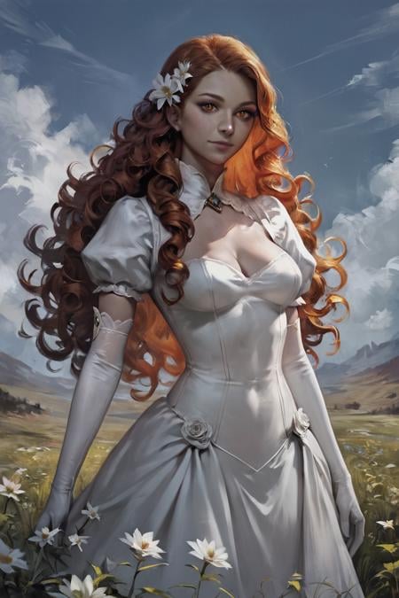 score_9, score_8_up, score_7_up, rating_safe, concept art, realistic, 1girl, solo, long hair, curly hair, wavy hair, orange hair, orange eyes, looking at viewer, breasts, dress, white dress, puffy sleeves, puffy short sleeves, short sleeves, gloves, elbow gloves, white gloves, cowboy shot, closed mouth, standing, outdoors, field, flower, grass, plant, sky <lora:Concept Art Eclipse Style LoRA_Pony XL v6:1>