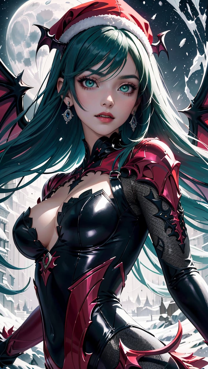 (best quality, masterpiece, colorful, dynamic angle, highest detailed)upper body photo, fashion photography of cute succubus girl, gothic, large demon red wings (high resolution textures), long green hair, (abstract art), half demon, crimson cat iris, cat eyes, vampire very long fangs, Santa Clauss hat, (intricate details, hyperdetailed:1.15), detailed, snowing, moonlight passing through hair, (official art, extreme detailed, highest detailed), HDR+