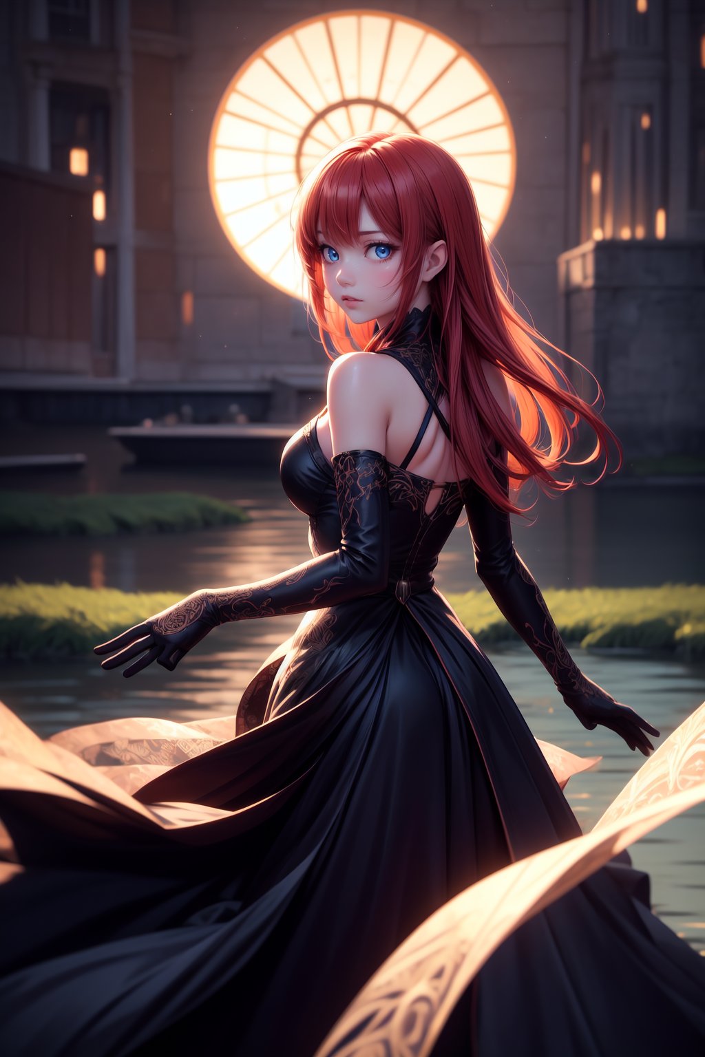 1 stunning beautiful girl, long copper hair, breathtaking beauty, pure perfection, red gauze dress, lake, starry night,  perfect  blue eyes, sexy pose, luminous, translucent, luminous, translucent,  depth of field, wide view, view from behind, looking at viewer, full length body, perfect beautiful hands,(masterpiece:1.2), (best quality:1.2), newest, ai-generated, ultra-detailed, best shadow, detailed background, high contrast, (best illumination, an extremely delicate and beautiful), ((cinematic light)), hyper detail, dramatic light, intricate details, 8k, anime, very aesthetic, <lora:more_details:0.5>