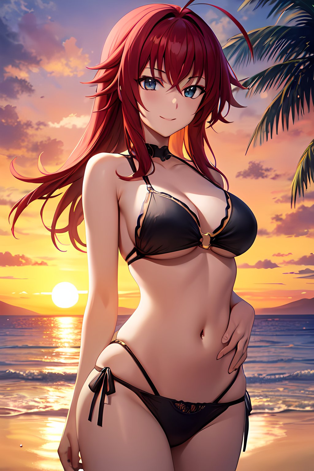 masterpiece, absurdres , (intricate details), (colorful),cinematic lighting,bust shot,extremely detailed CG unity 8k wallpaper, looking at viewer, seductive smile, <lora:riasHSDXD-051:1>riasgremory, ahoge, bikini, o-ring, beach, ocean,wind, cloudy sky, palm tree, (sunset:1.5), 