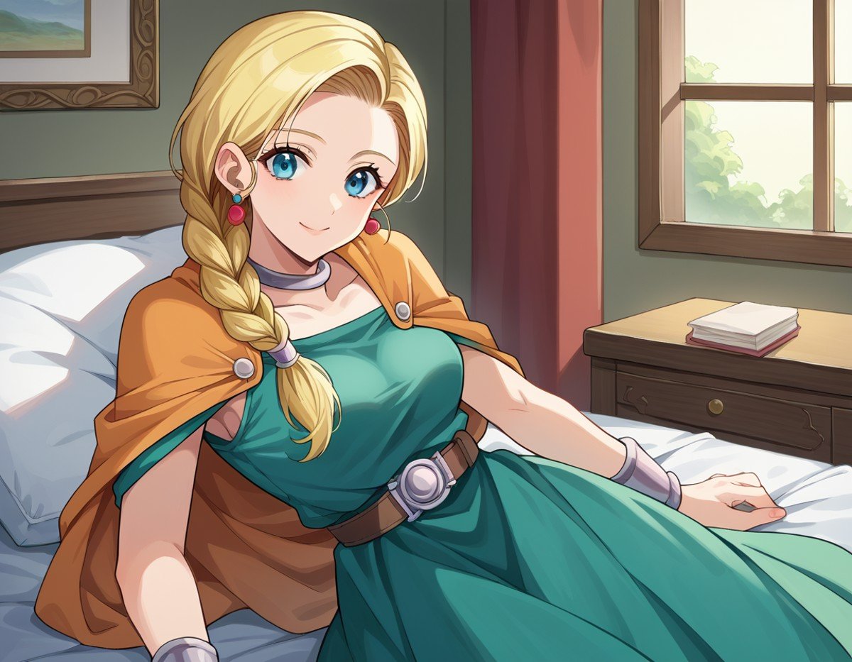 score_9, score_8_up, score_7_up, source_anime,dqbianca, <lora:dq-bianca-ponyxl-lora-nochekaiser:1>,bianca, blonde hair, blue eyes, braid, braided ponytail, long hair, smile,belt, brown belt, cape, dress, earrings, jewelry, green dress,indoors, bed, bed room, on side,looking at viewer, dutch angle, cowboy shot,