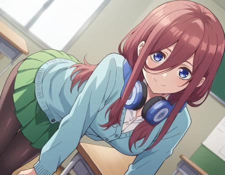 score_9, score_8_up, score_7_up, source_anime,mikunakano, <lora:miku-nakano-s1-ponyxl-lora-nochekaiser:1>, miku nakano, long hair, bangs, blue eyes, brown hair, shirt, hair between eyes, headphones, headphones around neck,skirt, shirt, long sleeves, white shirt, pantyhose, pleated skirt, black pantyhose, cardigan, green skirt, blue cardigan,indoors, classroom, bent over, smile,looking at viewer, cowboy shot, dutch angle, solo,