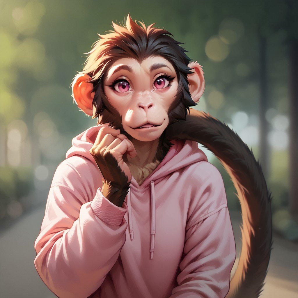 (((detailed, beautiful, high quality))), score_9, score_8_up, score_7_up,hadozee, furry monkey, tail,1girl, pink eyes, fair skin, brown fur, pink hoodie,looking at the viewer, posing, blurred background, blurred fantasy background,