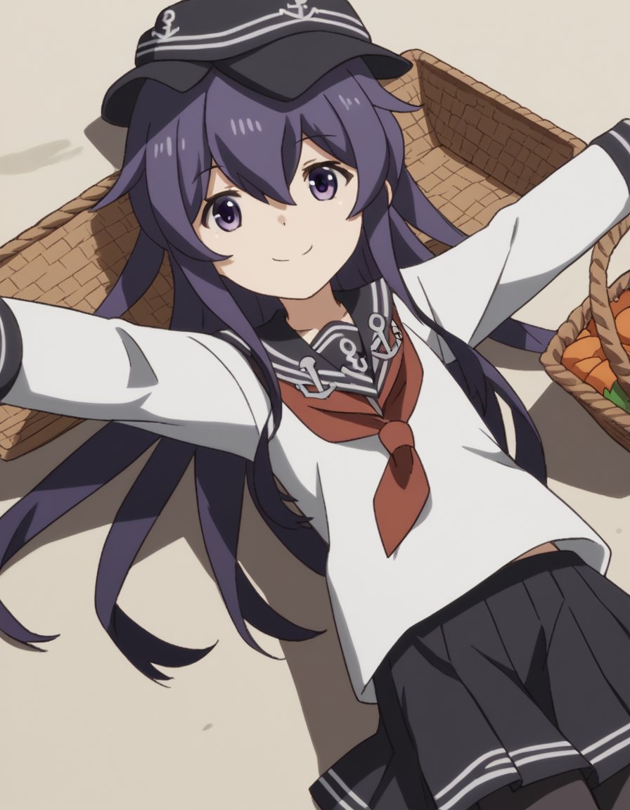 score_9, score_8_up, score_7_up, source_anime, <lora:kancolle-akatsuki-s1-ponyxl-lora-nochekaiser:1>, akatsuki, long hair, hair between eyes, purple eyes, purple hair, akatsuki (kancolle), skirt, shirt, long sleeves, hat, school uniform, pantyhose, pleated skirt, serafuku, black skirt, sailor collar, neckerchief, black pantyhose, red neckerchief, anchor symbol, flat cap,, farmers market, fresh produce, local vendors, baskets, sunny day, community, smile, looking at viewer, on back, arm support, arms up, incoming hug, pov, reaching, reaching towards viewer,, solo,, cowboy shot, dutch angle