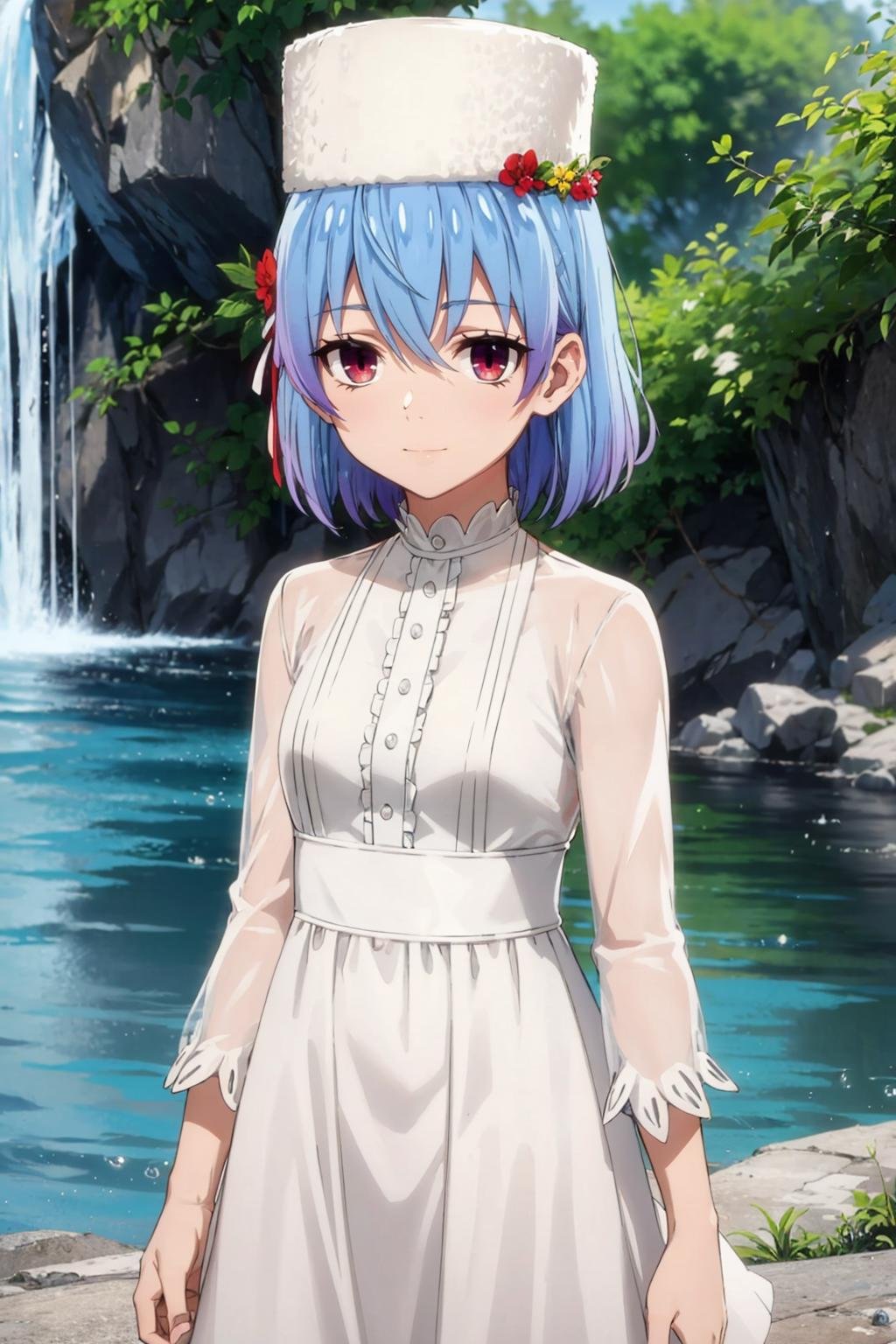 masterpiece, best quality, light smile, cowboy shot BREAK rutiragnason, blue hair, red eyes, short hair BREAK whire dress, white fur hat BREAK waterfall background <lora:ruti-sd15-1:0.8> 