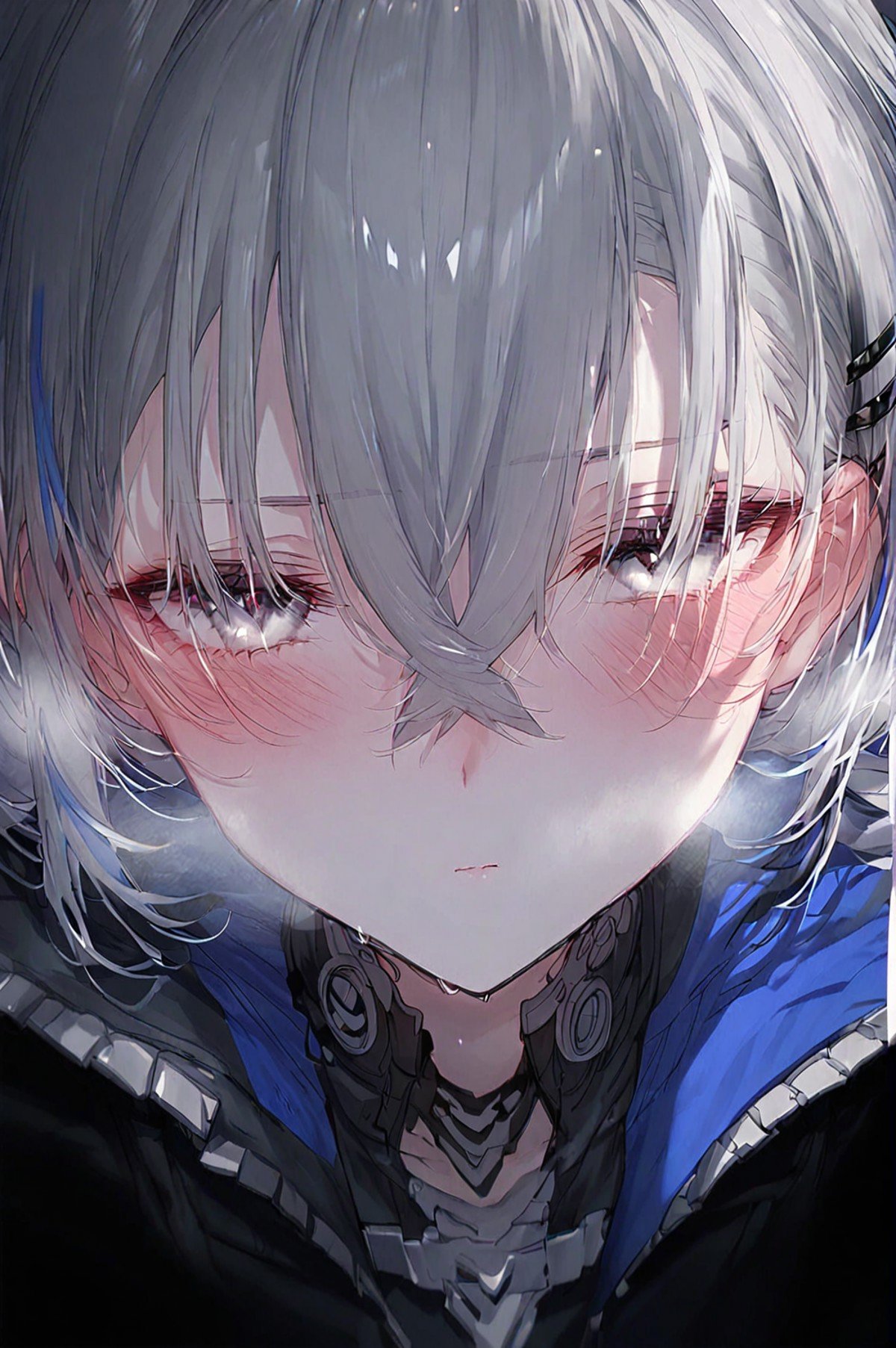 score_9, score_8_up, score_7_up, smooth style, frontal lighting, face focus, portrait, steam, 1girl, grey hair, bronya zaychik, looking at viewer, crossed bangs, blush, hair between eyes, closed mouth, close-up, black jacket, multicolored hair, hair ornament, hairclip <lora:InkxXmo Dark Sharp:1>