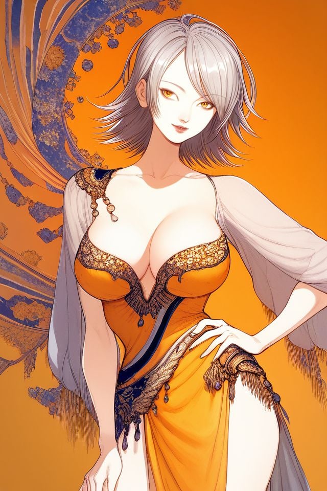 score_7_up, 1girl, happy, hand_on_hip, silver hair, side-swept_bangs, absurdly_long_hair, golden eyes, large breasts, beautiful background <lora:Amano_Yoshitaka_PonyXL_style_v01.10.01:1>