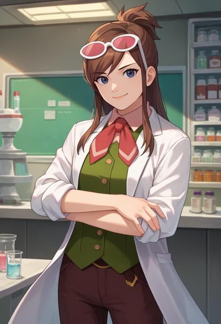 score_9, score_8_up, score_7_up, source_anime, solo, 1girl, ema skye, smile, looking at viewer, crossed arms, half updo, sunglasses, eyewear on head, white lab coat, sleeves rolled up, green vest, red neckerchief, brown pants, indoors, laboratory <lora:aa_emaskye_ponyXL:1>