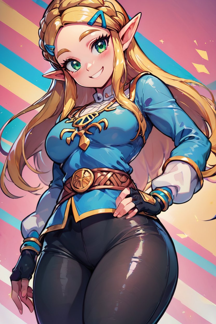 score_9, score_8_up, score_8, medium breasts, (curvy), cute, eyelashes,       princess zelda, long hair, crown braid, hairclip, pointy ears, blue shirt, long sleeves, fingerless gloves, black gloves, black pants, tight pants, green eyes, solo, looking at viewer, smile, blush,   <lora:Vivid:0.8>, embedding:zPDXL,