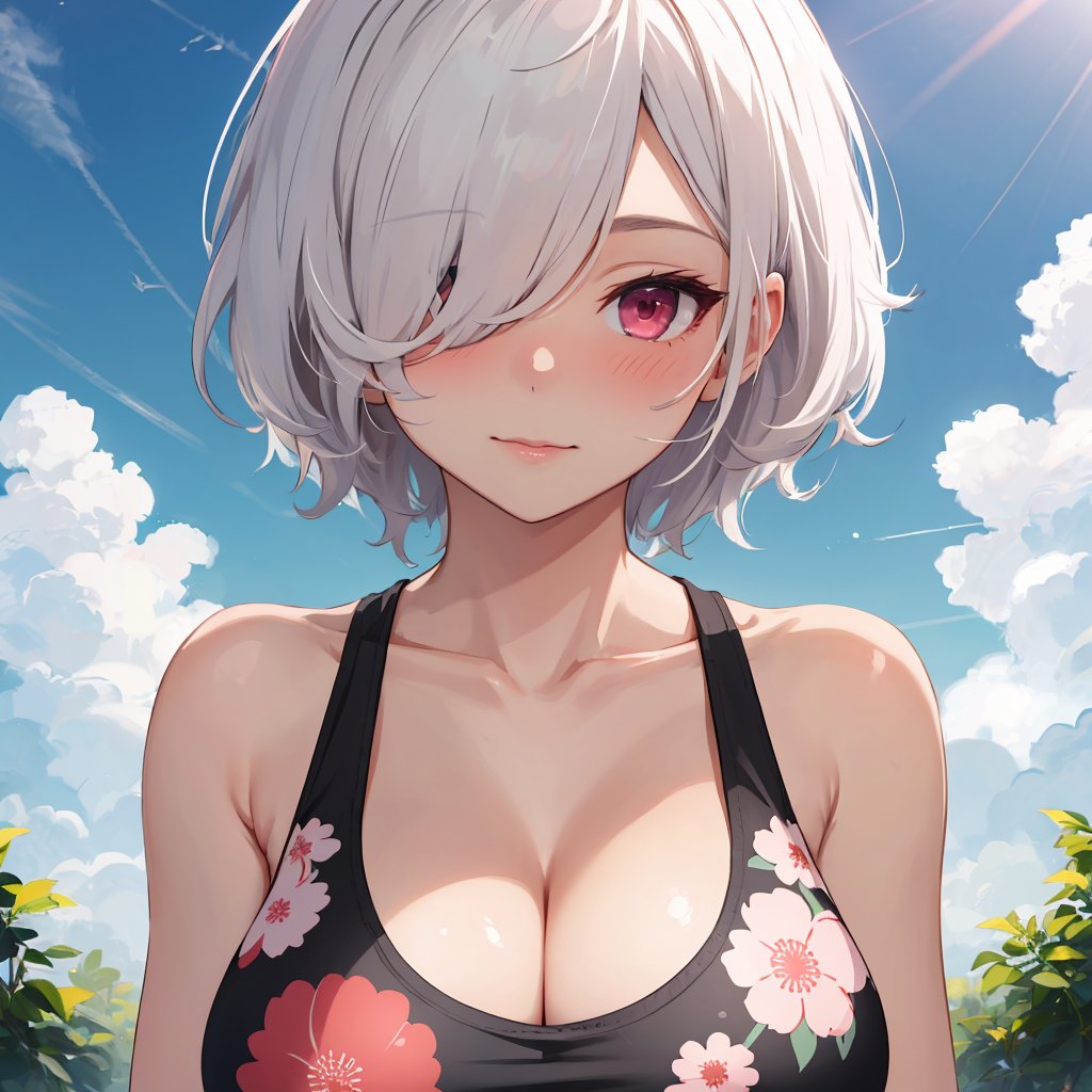 1girl, mature female, mature face, reddish pink eyes, white hair, short hair, (hair over one eye:1.3), nose blush, large breast, upper body, black tank top, floral print, day, sunlight, clouds