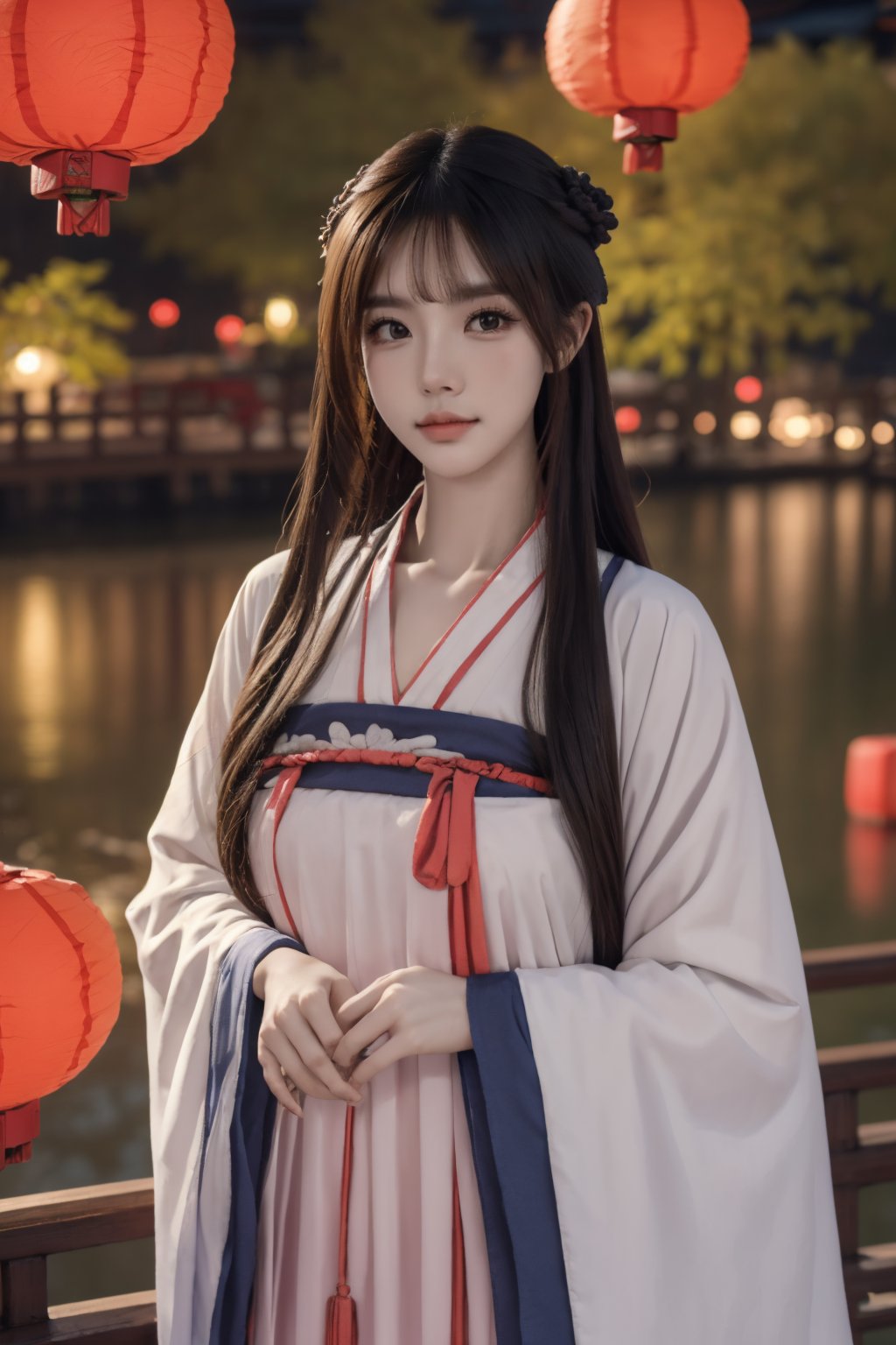 new year,lantern festival,facing viewer,pov,masterpiece,best quality,highly detailed,Amazing,finely detail,extremely detailed CG unity 8k wallpaper,score:>=60,gufenghanfu,1girl,looking at viewer,white dress,hanfu,long sleeves,wide sleeves,standing,<lora:lihua1-000006:0.7>,upper body,large breasts,<lora:capricornus _前任回忆录_V2.5:0.7>,