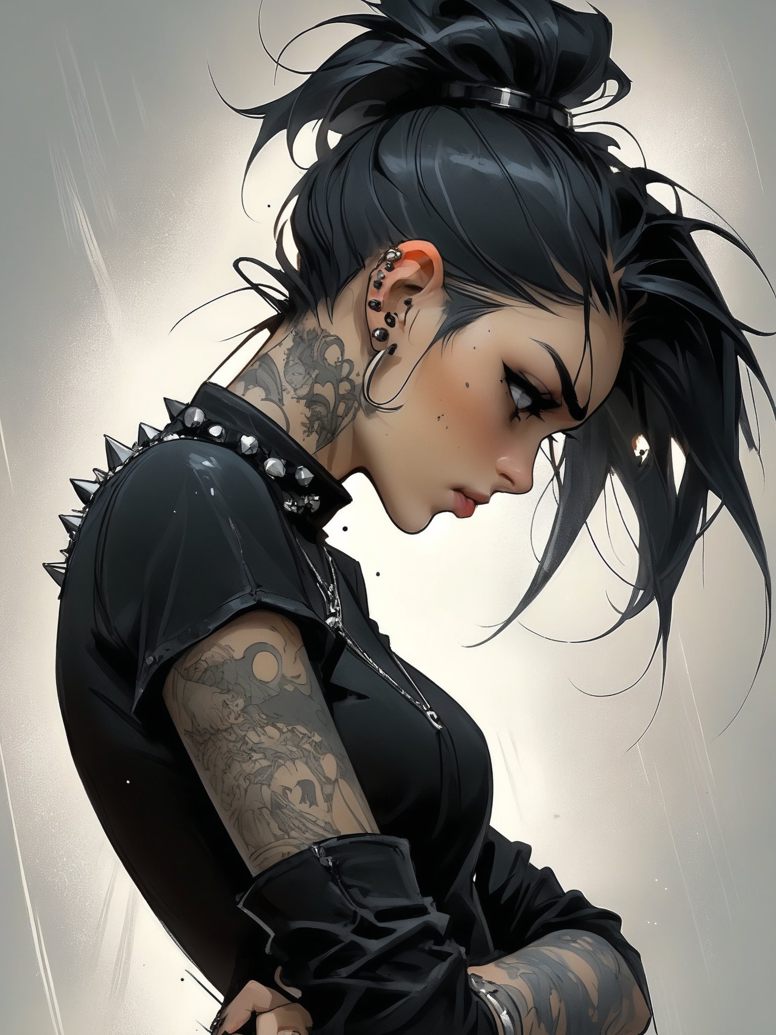 goth girl, her messy jet black hair is pulled back in a ponytail, the scars over her face are prominent but look old, she’s dressed all in black wearing a black long sleeve shirt covered in silver studs and spikes, tight black jeans, leather combat boots, she’s covered in tattoos, and piercings. character illustration by felicien rops, illustration, conceptual art, epic action, Unreal Engine, cinematic award winning artwork, many details, extreme detailed, full of details,Wide range of colors., dramatic, Dynamic,Cinematic,Sharp details, Insane quality. Insane resolution. Insane details. Masterpiece. 32k resolution. casting shadow style, cucoloris patterned illumination,  dvr-lnds-sdxl, ral-dissolve, ral-ertmsphr, ral-porcelain, ral-pxlprtcl, Niji, aidma-niji