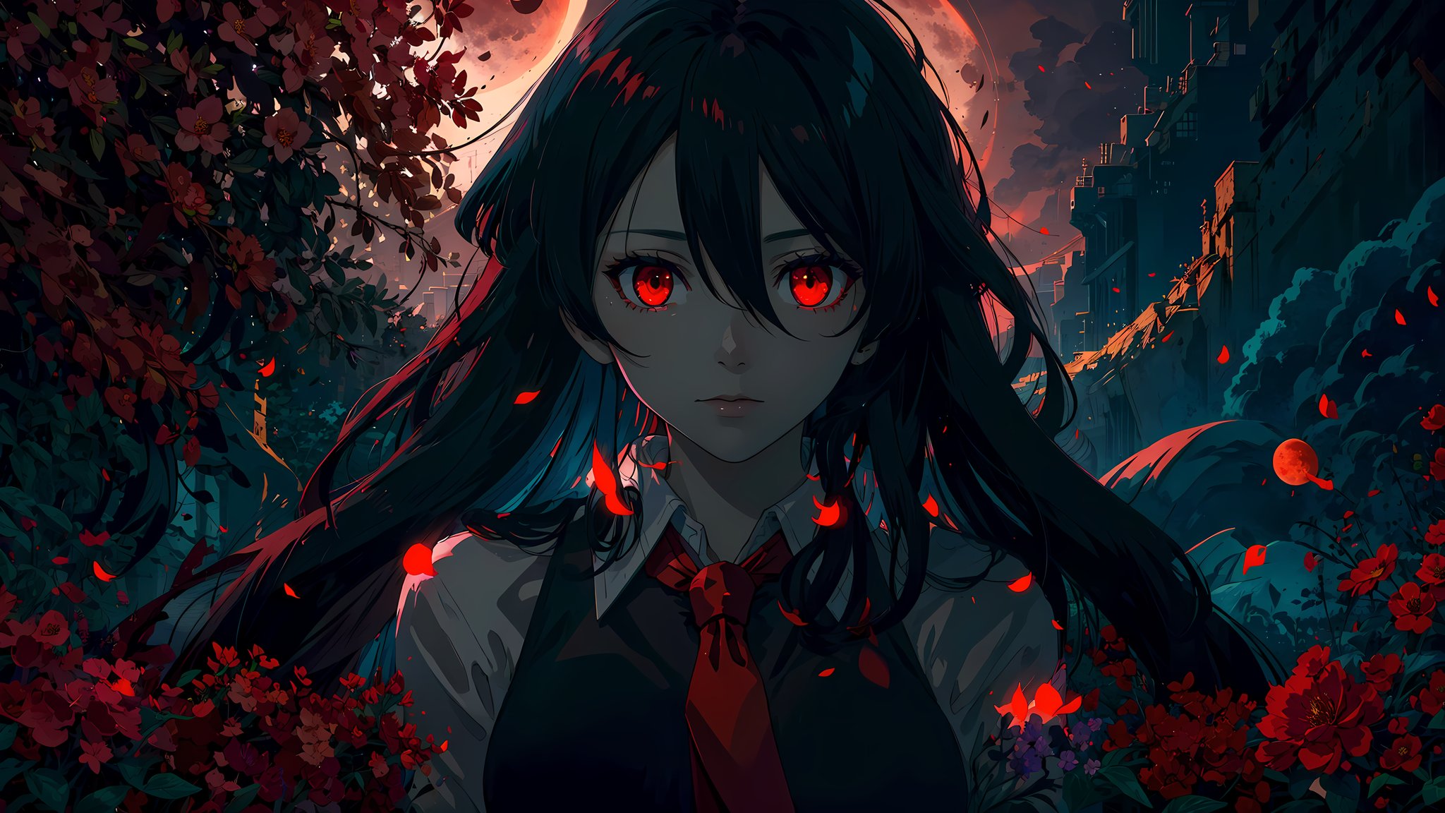 akame, \(akame ga kill!\), sleeveless, highres, illustration, cinematic light, ultra detailed, (detailed face), (detailed eyes), hyper detailed, masterpiece, 1girl, solo, (black hair), long hair, (black collared shirt), red necktie, skirt, luminous eyes, (red eyes), medium breasts, backlighting, light rays, (high contrast), (colorful), sky, (red moon), clouds, night, flowers, field ,<lora:agk_akame-10:0.7>
