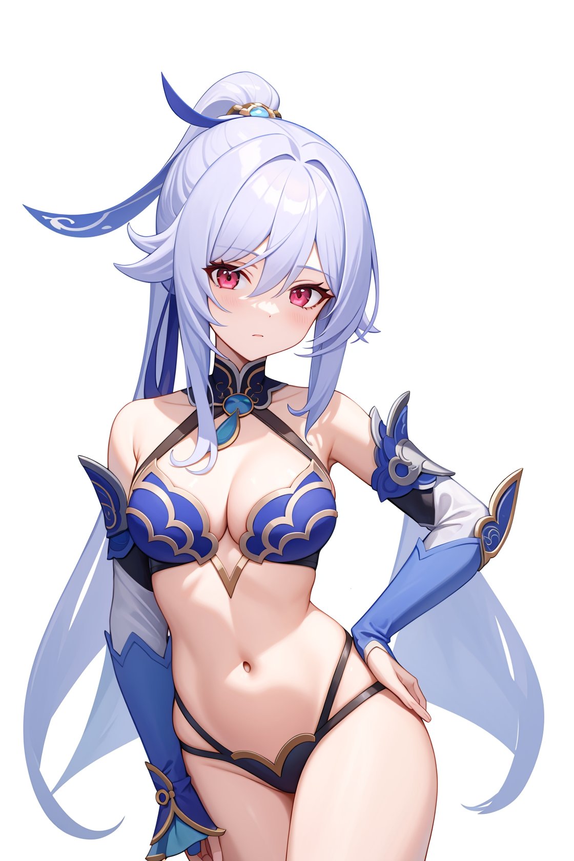 <lora:镜流v4:1:lbw=char>,jingliu,1girl,solo,bangs,bare shoulders,high quality,detached sleeves,cleavage,ponytail,bikini, (masterpiece,best quality:1.2),absurdres, high quality,