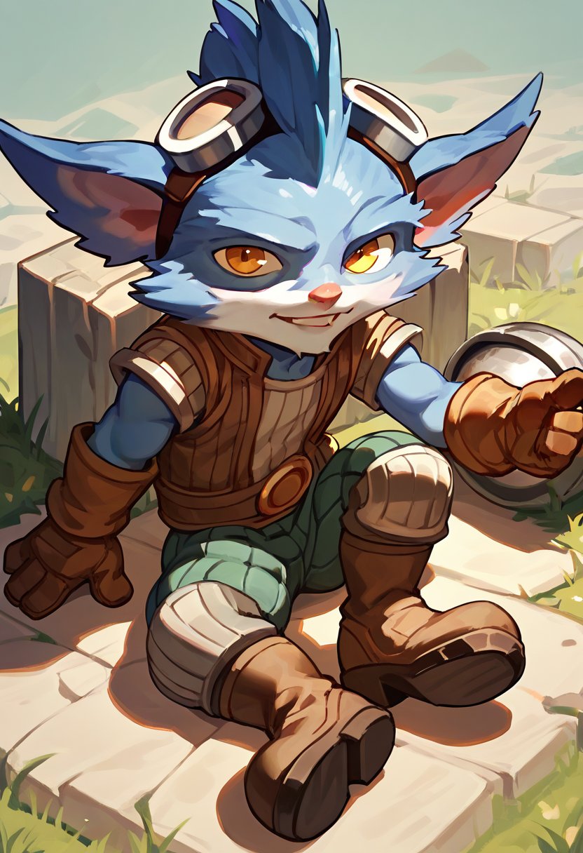 score_9, score_8_up, score_7_up, score_6_up, rumb13, 1boy, yordle, male focus,yellow eyes,glove,goggles, goggles on head, solo,boots, <lora:Rumble_Default_v1-by progress:0.8>, sitting on ground