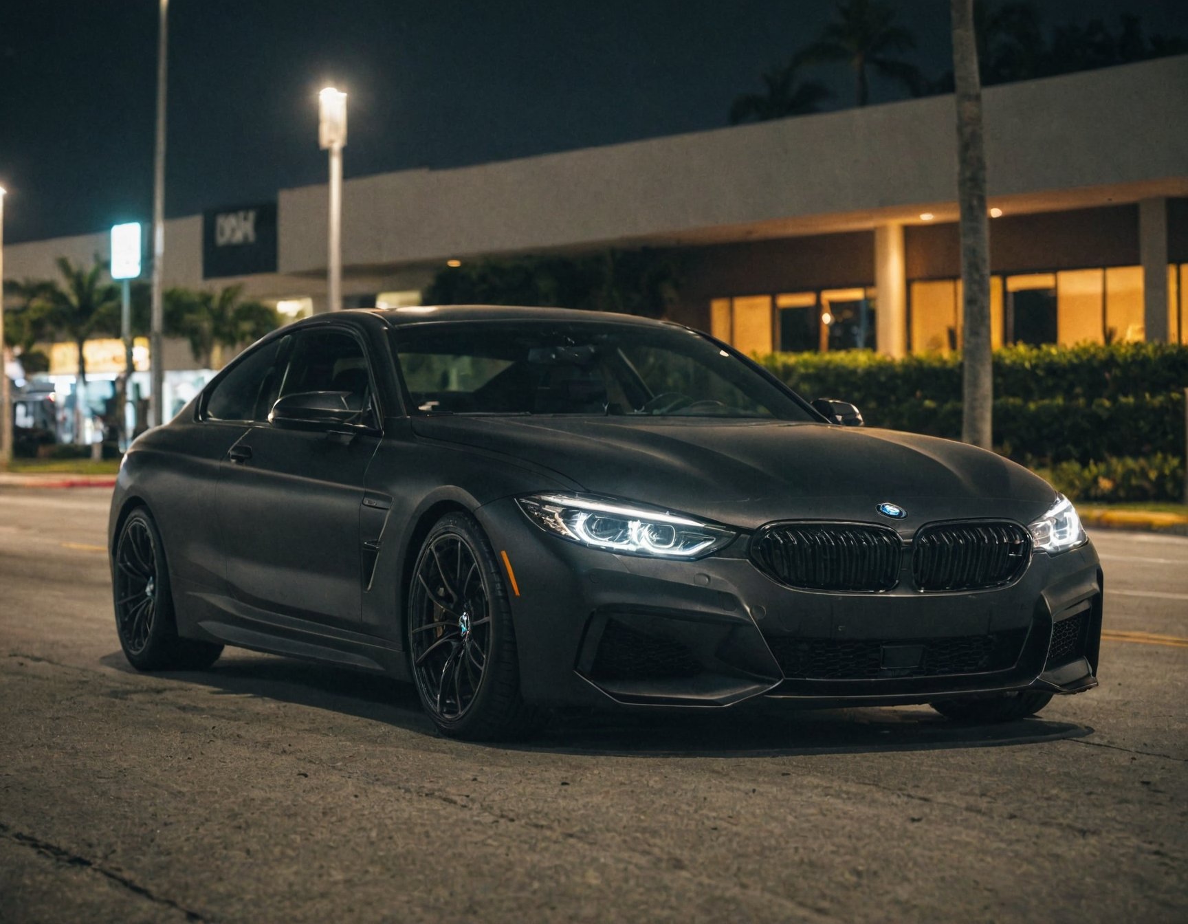 cinematic photo of black matte BMW in Miami, perfect lighting, vibrant, high detailed, epic, movie still, film grain