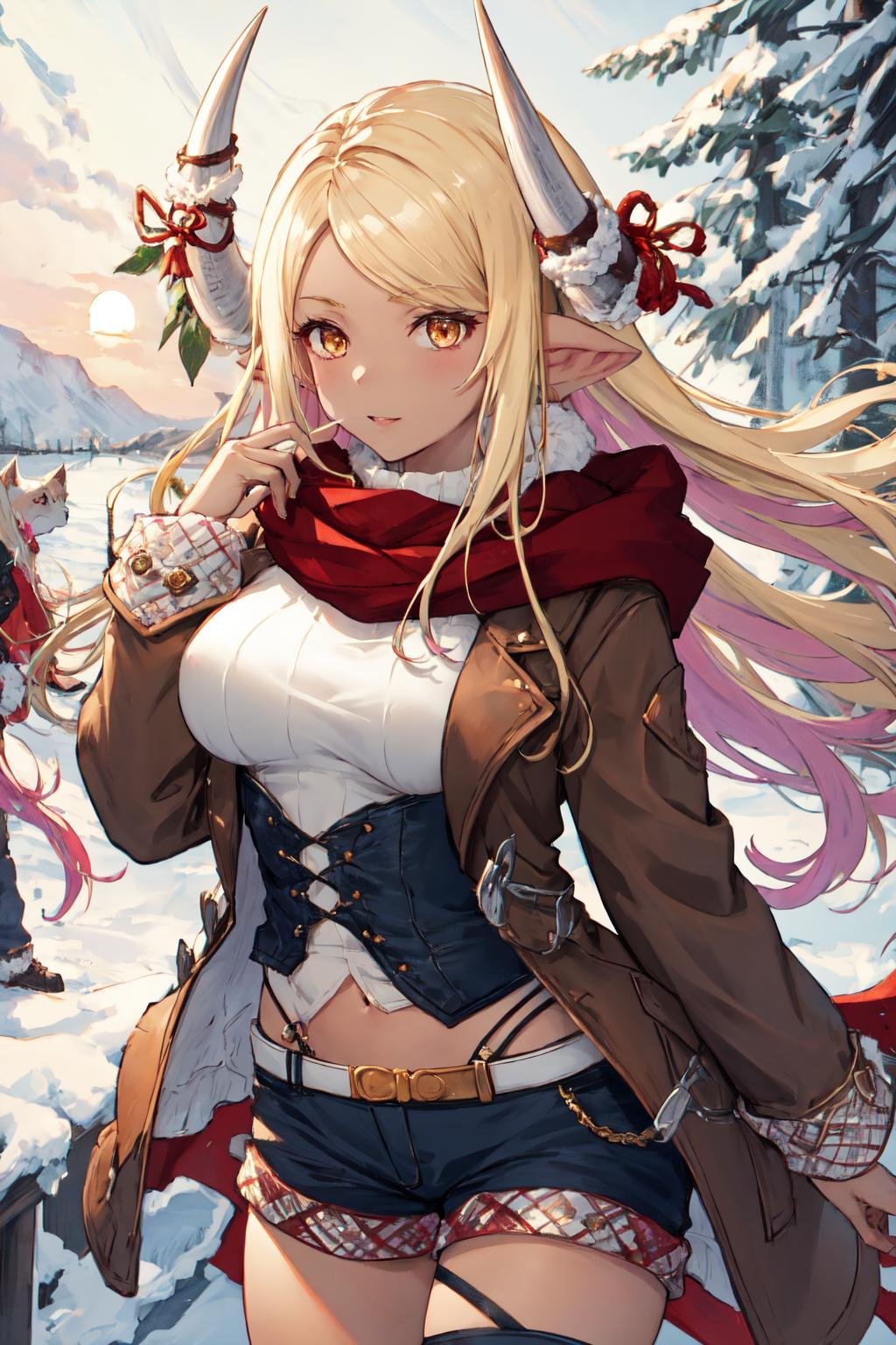 masterpiece, (detailed, highres, best quality), 1girl, <lora:spgbfKumbhira-10:1> kumbhiraev, dark skinned female, horn ribbon, jewelry, red scarf, brown coat, ribbed sweater, blue shorts,