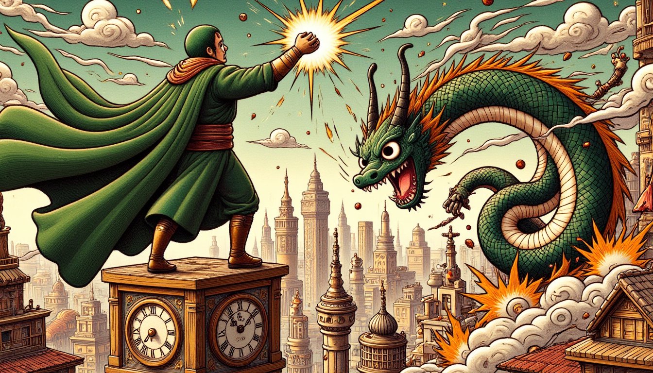 Doctor Doom stands atop a majestic, ruined clock tower, his green and gold suit tattered from a fierce battle, the wind whipping his cape into a frenzy as he raises his gloved hand, channeling a blast of dark energy towards a descending, mechanical dragon that breathes fire and destruction upon the Latverian cityscape below.